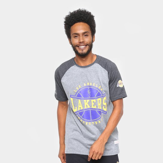 Camiseta NBA Los Angeles Lakers Mitchell & Ness Raglan Ball in play Masculina - Cinza